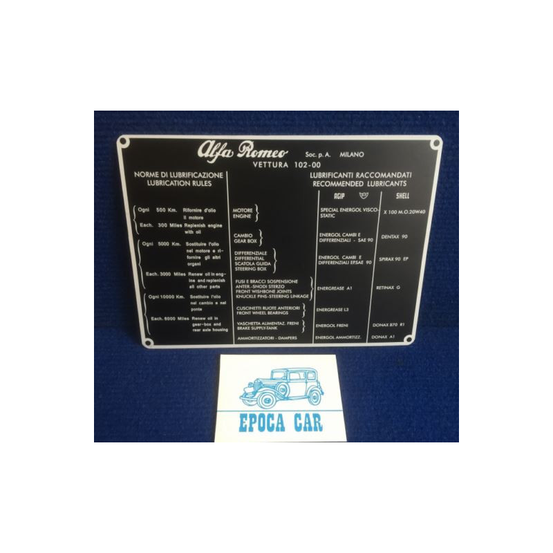 PLACCA  LUBRIFICANTI RACCOMANDATI 102-00 (2000 TOURING) 