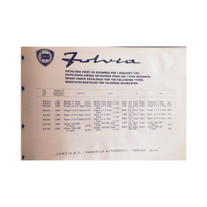 FULVIA 818     CATALOGO PARTI DI RICAMBIO MECCANICA+CARROZZERIA (1970)